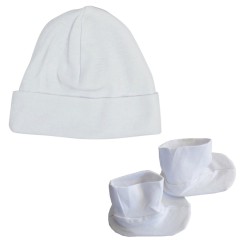 2-Ply Rib Knit White Beanie Cap & Booties Set - 029